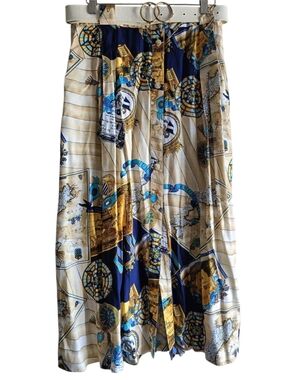 XL🧭Vintage Oceanic Map-Print Button-Front Maxi Skirt in Navy, Cream & Gold